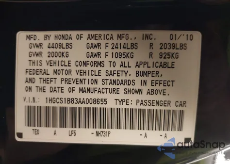 2010 Honda Accord 2.4 Ex-L из США, поврежденный, VIN 1HGCS1B83AA008655